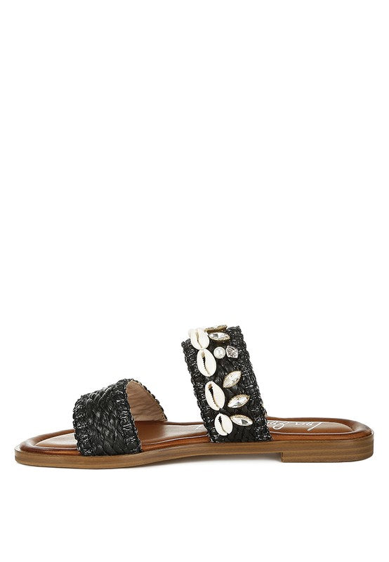 Raffia sandals with shell embellishments