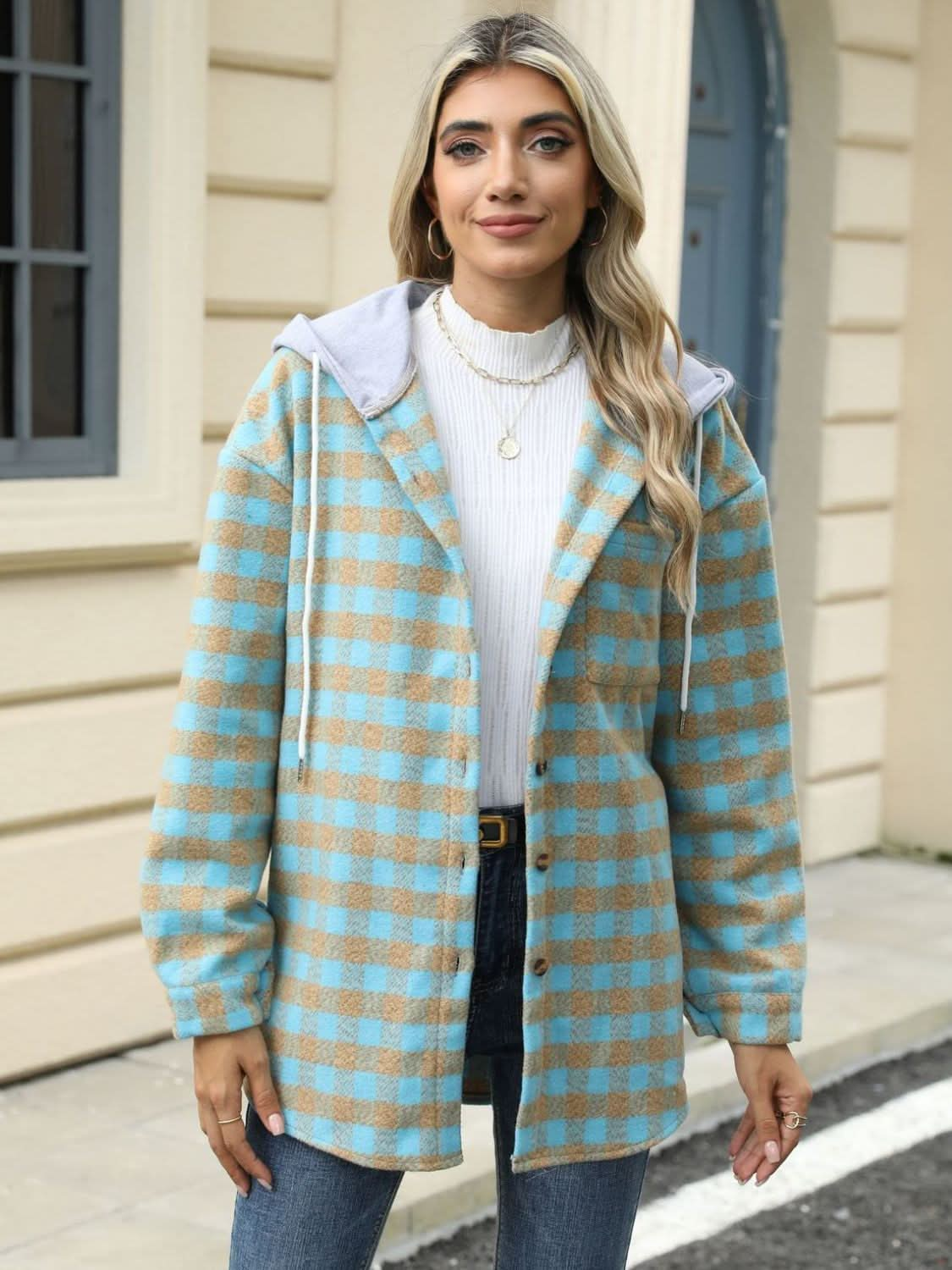 Plaid hooded jacket with pockets