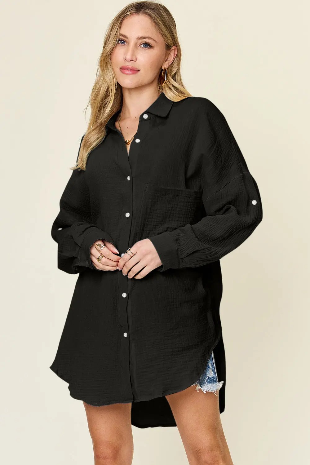 Double Take Full Size Pocketed Texture Button Up Shirt - Love Salve