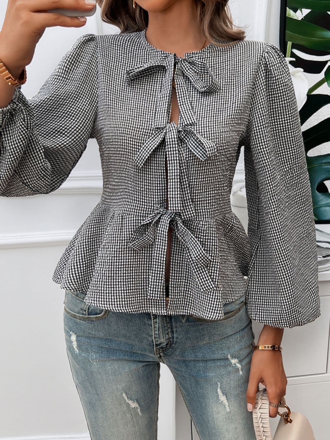 Tied neck sheer long sleeve blouse