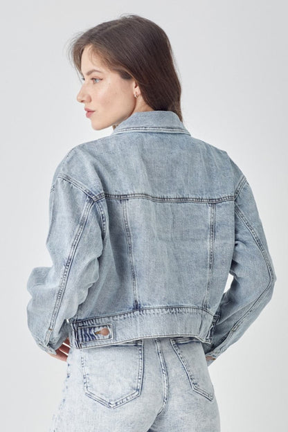 RISEN Full Size Button Down Cropped Denim Jacket.