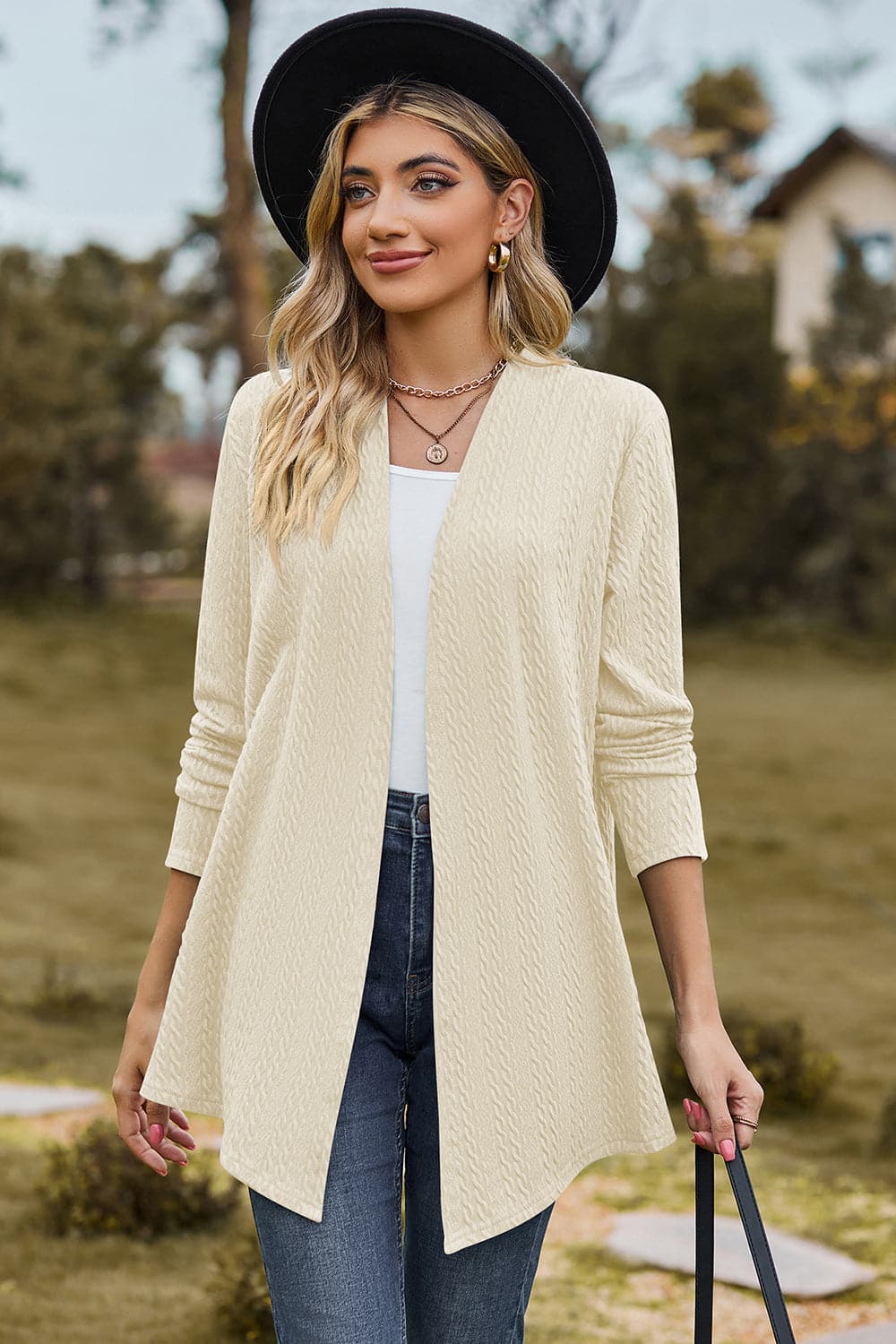 Textured Open Front Long Sleeve Cardigan.