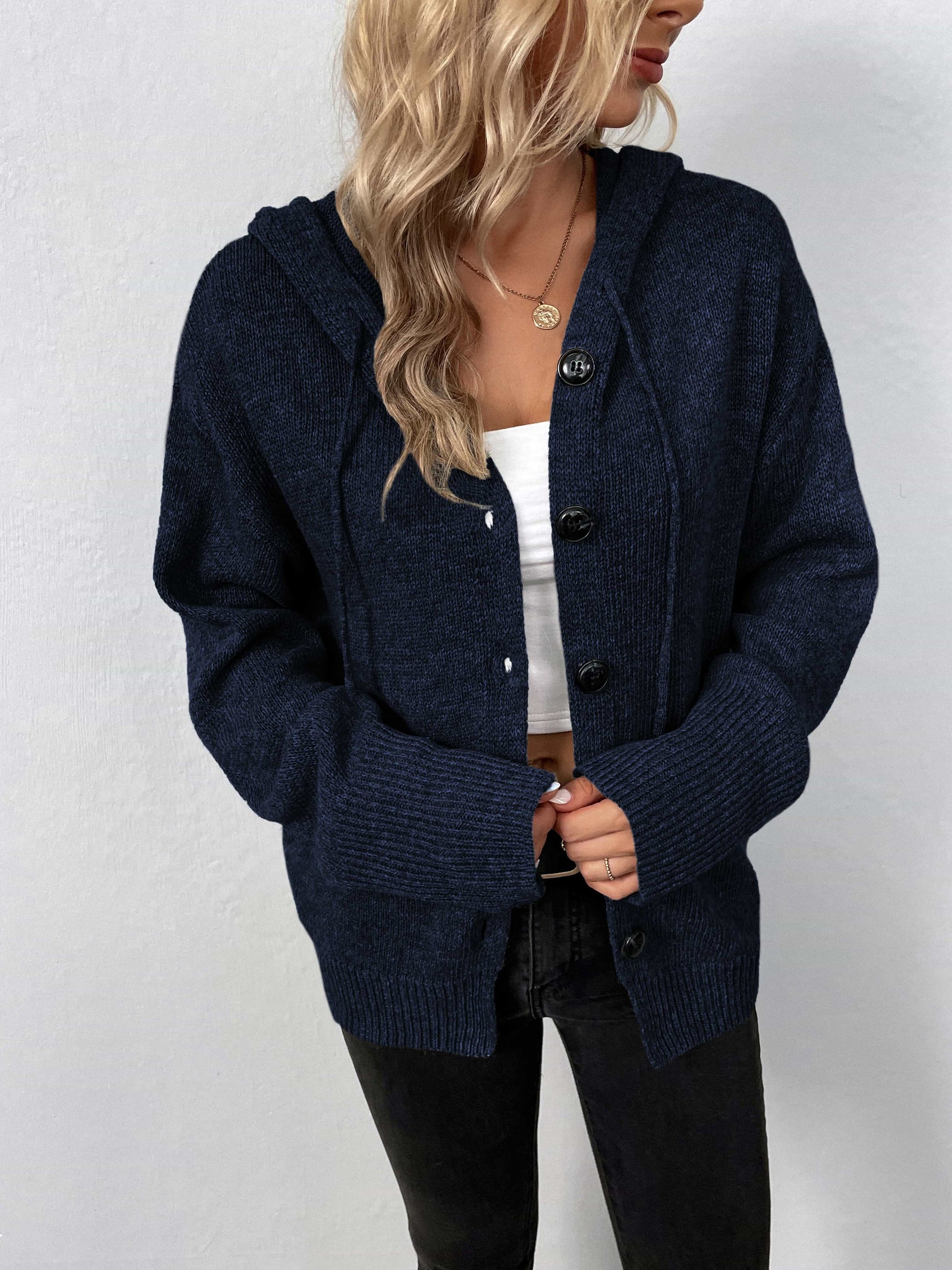 Button-Down Long Sleeve Hooded Sweater.