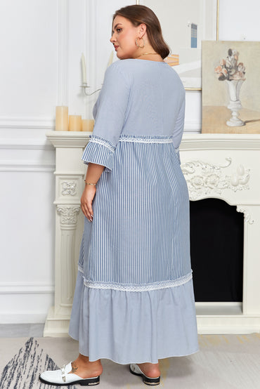 Sky Blue Stripe Crisscross Lace Patchwork Plus Size Dress