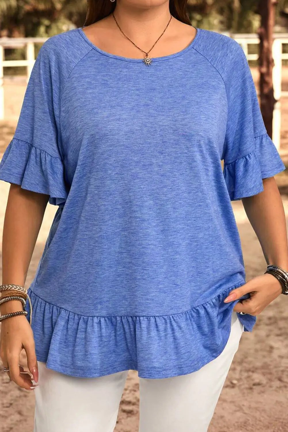 Dusk Blue Ruffled Short Sleeve Plus Size Casual Blouse Dear-Lover Dropshipping