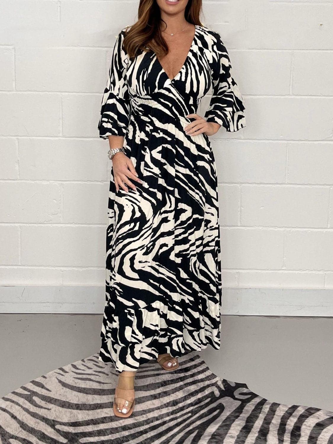 Smocked Printed Flounce Sleeve Maxi Dress.