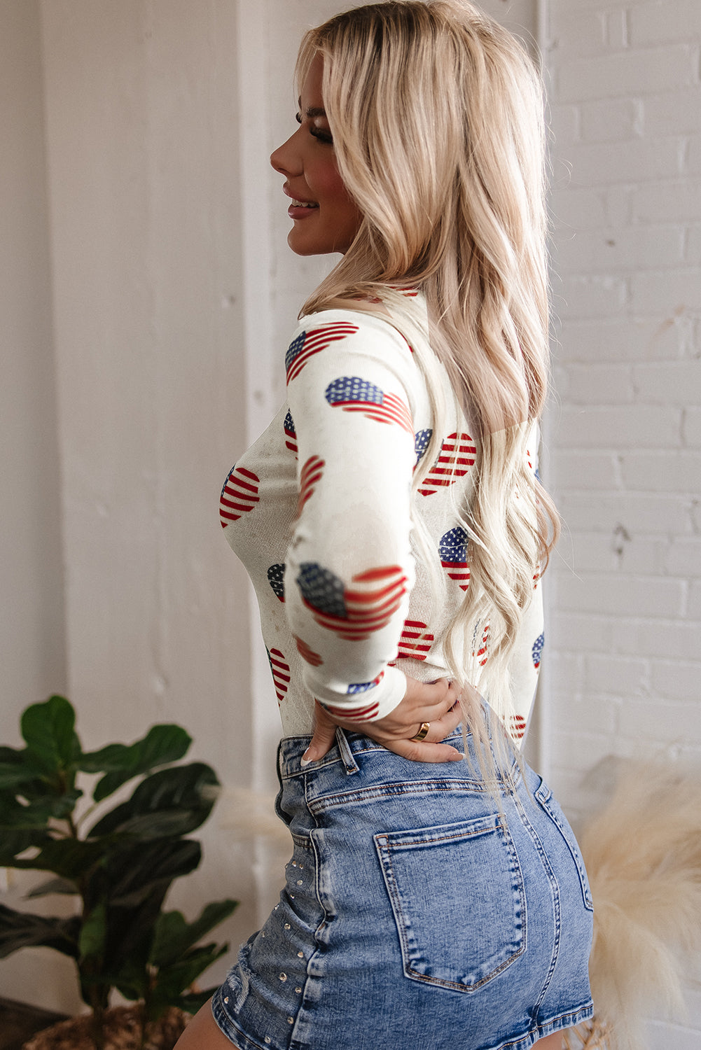 White Americana Glitter Mesh Long Sleeve Bodysuit for Women
