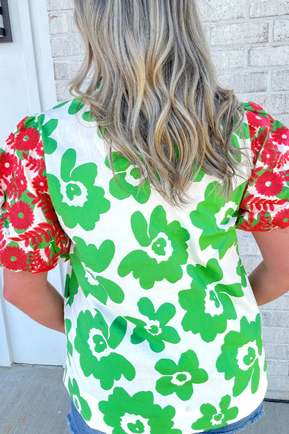 Green Contrast Embroidered Puff Short Sleeve Floral Blouse