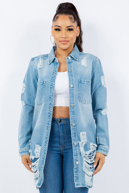 Stylish distressed denim jacket with button-up front