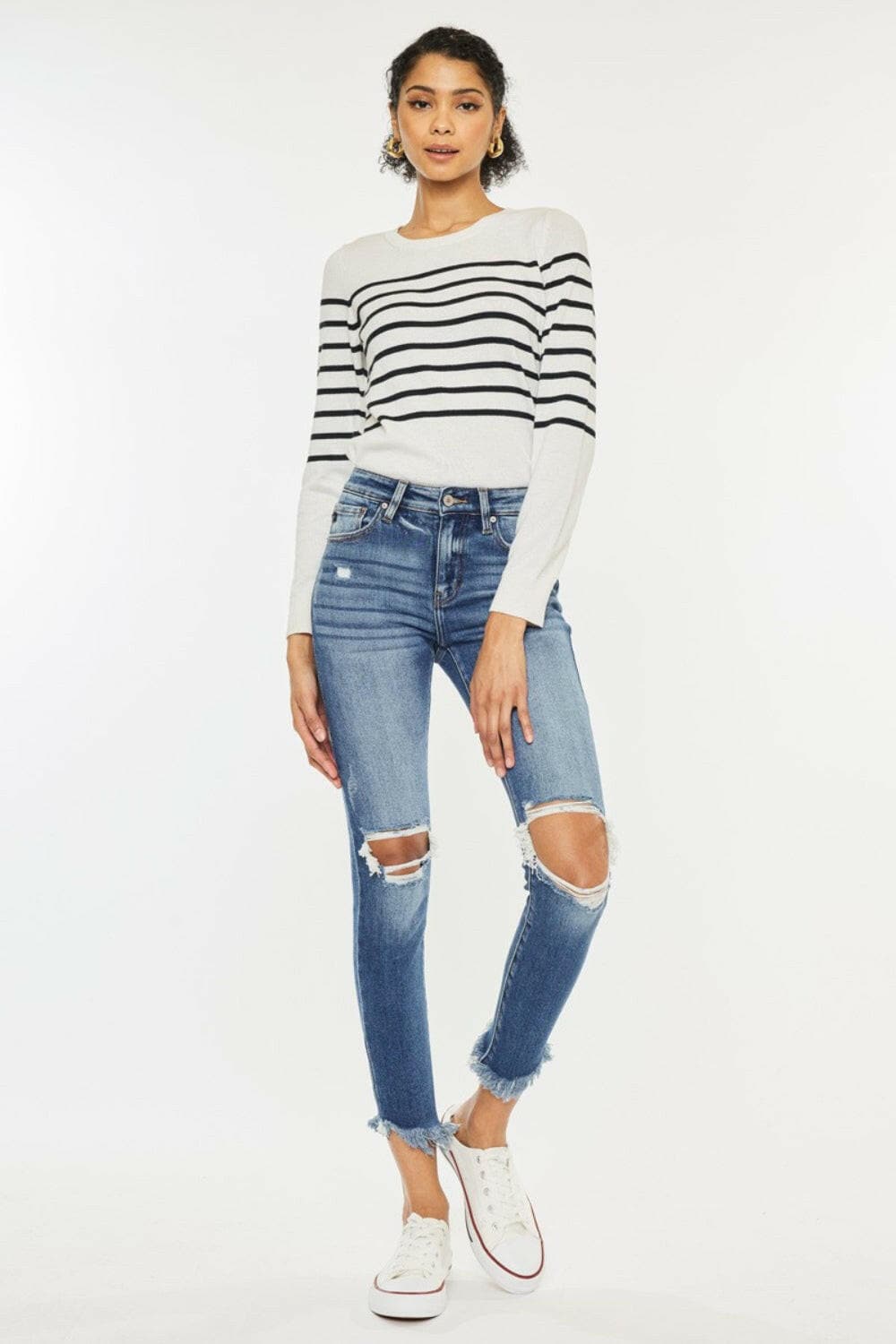 Kancan High Waist Distressed Raw Hem Ankle Skinny Jeans.