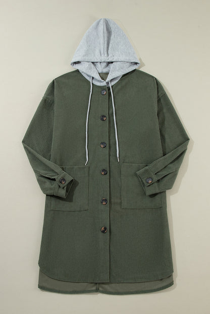 Jungle Green Corduroy Hooded Shacket with Contrast Details