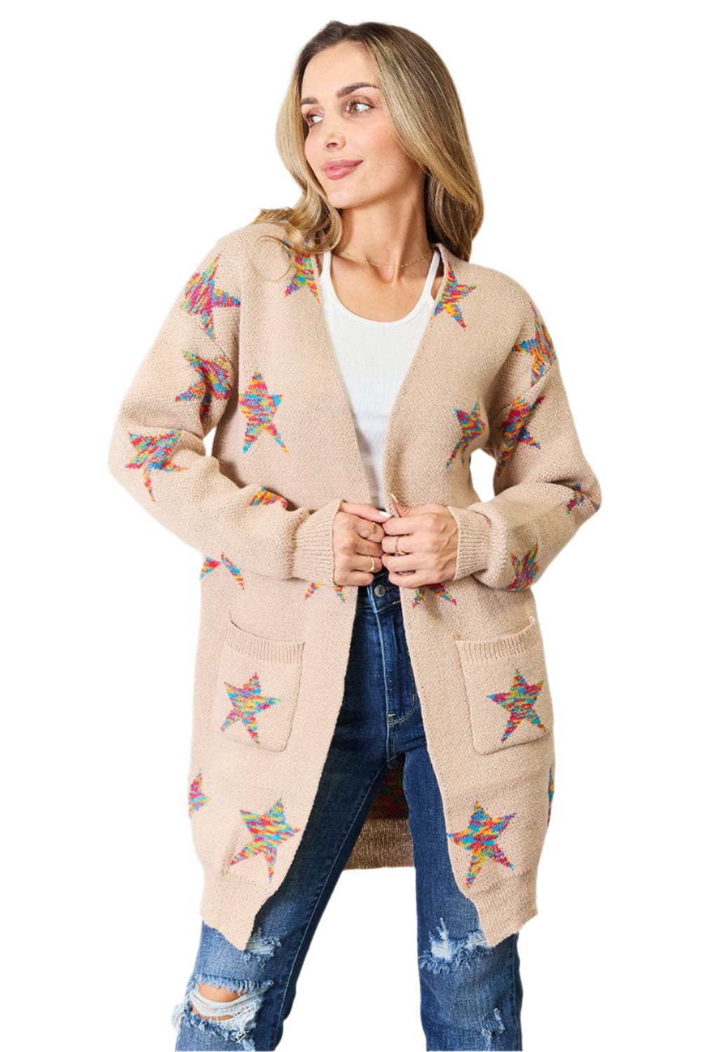 Star Pattern Open Front Longline Cardigan.