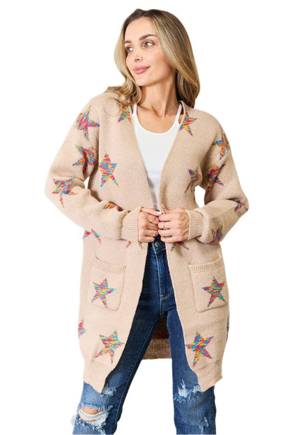 Star Pattern Open Front Longline Cardigan.