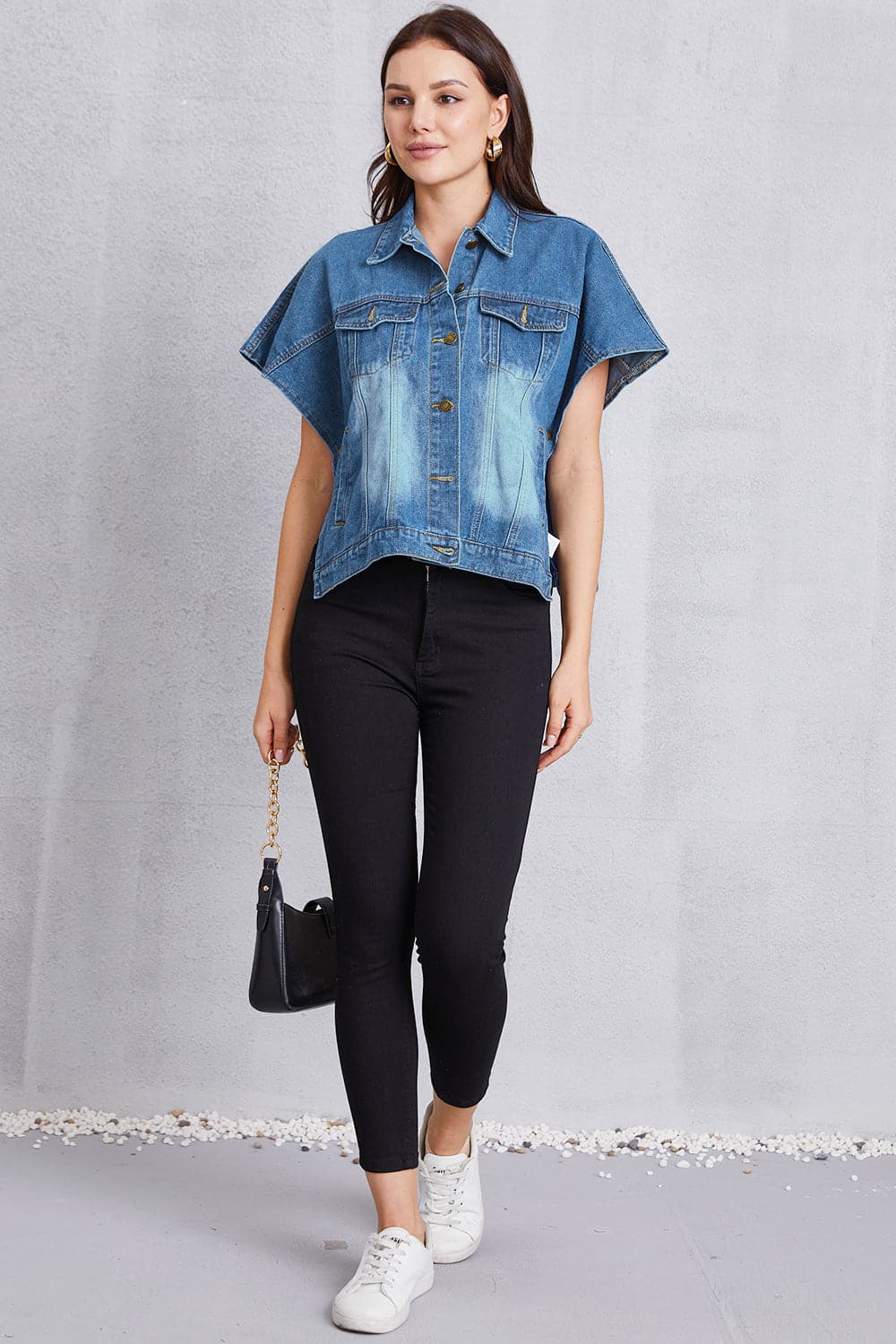 Pocketed Button Up Short Sleeve Denim Top.