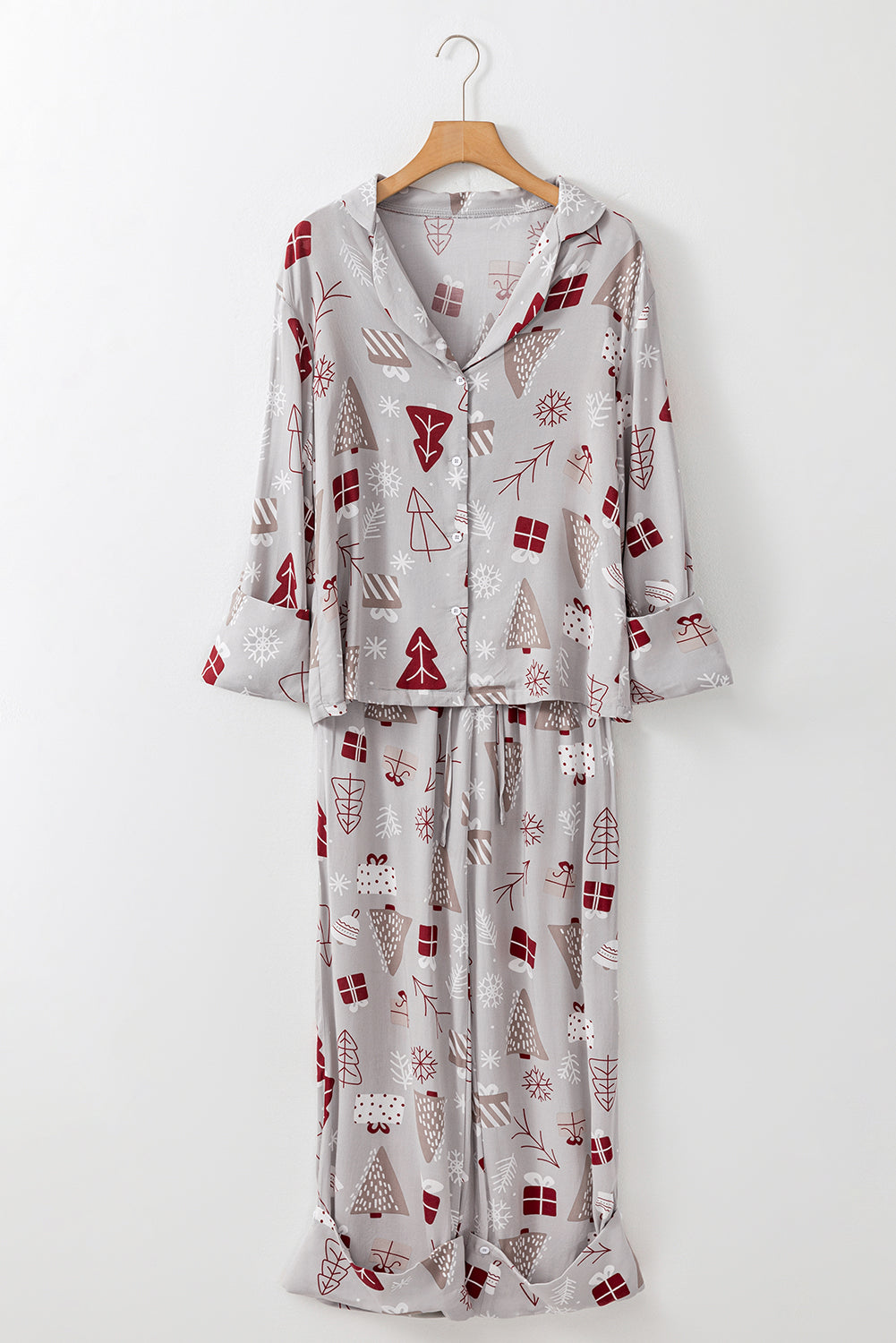 Cozy light grey Christmas pajama set with printed shirt and pants