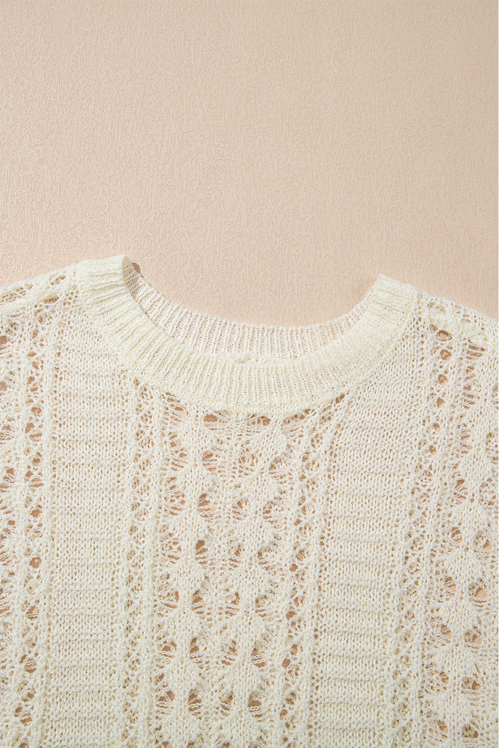 Chic White Knit Sweater with Hollow-Out Bracelet Sleeves and Drop Shoulder Design