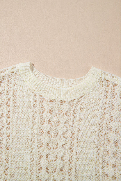 Chic White Knit Sweater with Hollow-Out Bracelet Sleeves and Drop Shoulder Design