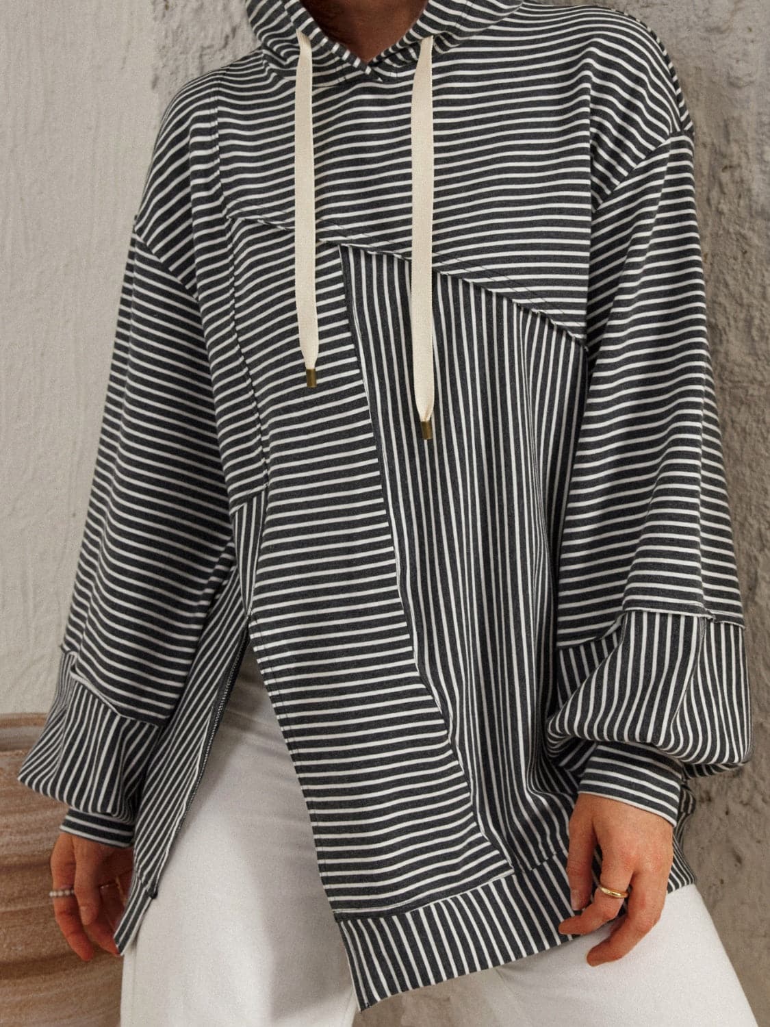 Chic striped long sleeve hoodie with drawstring and slit detail