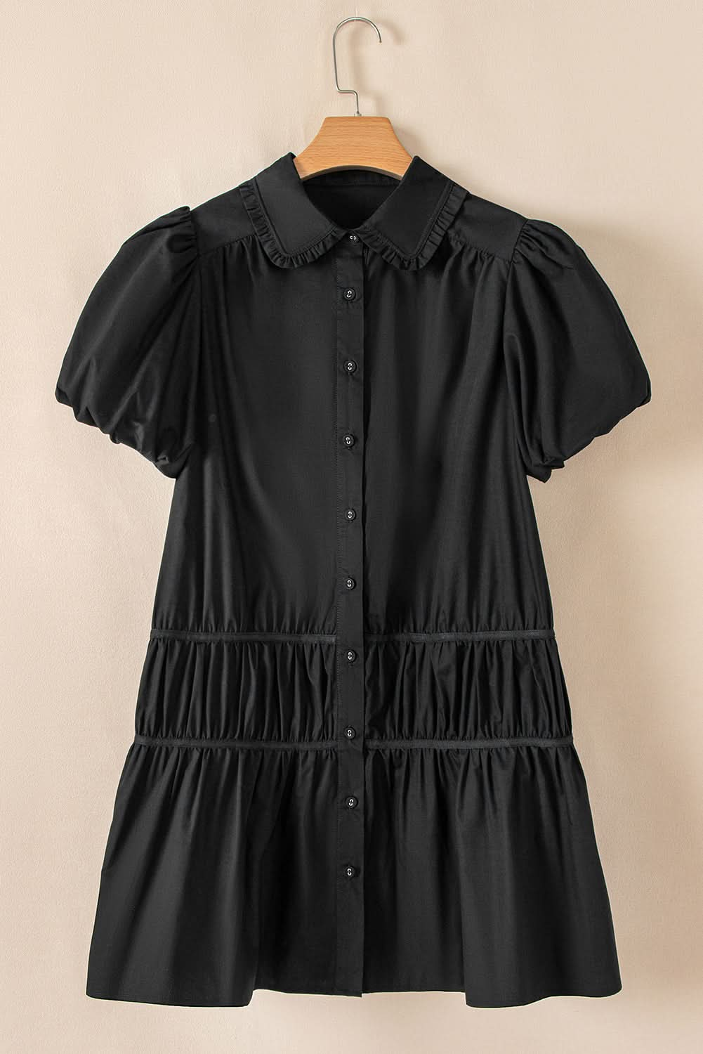 Chic Black Puff Sleeve Ruffle Hem Button Down Dress