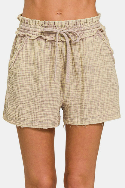 Zenana Washed Frayed Hem Drawstring Shorts.