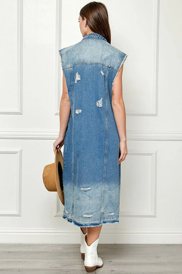 Veveret Full Size Distressed Sleeveless Longline Denim Jacket - Love Salve 