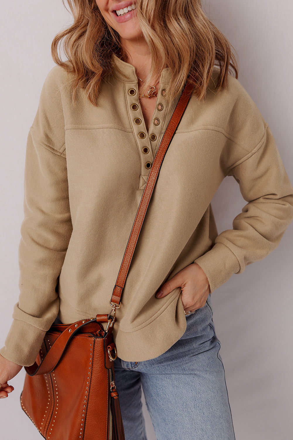 Light French Beige Grommet Detail V Neck Sweatshirt For Women Casual Pullover Everyday Wear Dear-Lover Dropshipping