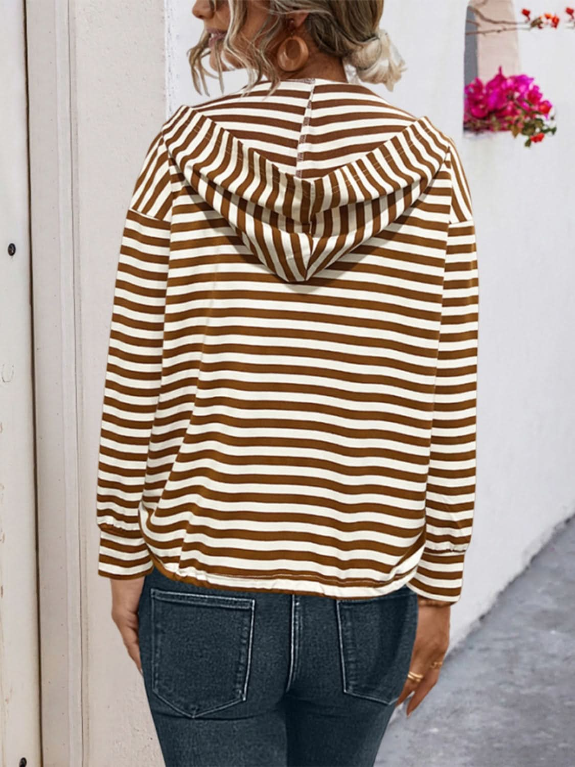 Drawstring Striped Long Sleeve Hoodie