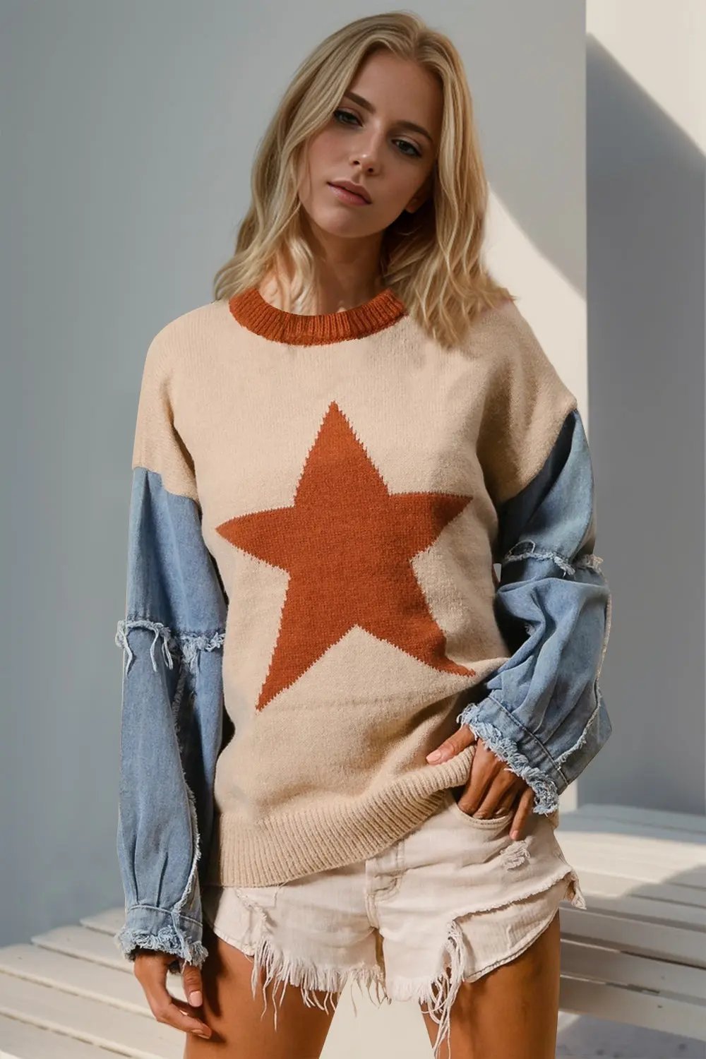 Double Take Full Size Star Pattern Raw Edge Long Sleeve Sweater - Love Salve