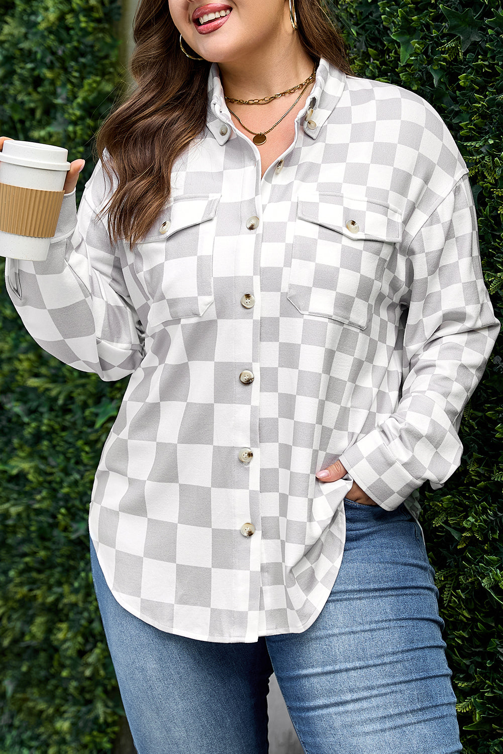 Khaki Plus Size Checkered Buttoned Down Casual Jacket Dear-Lover Dropshipping