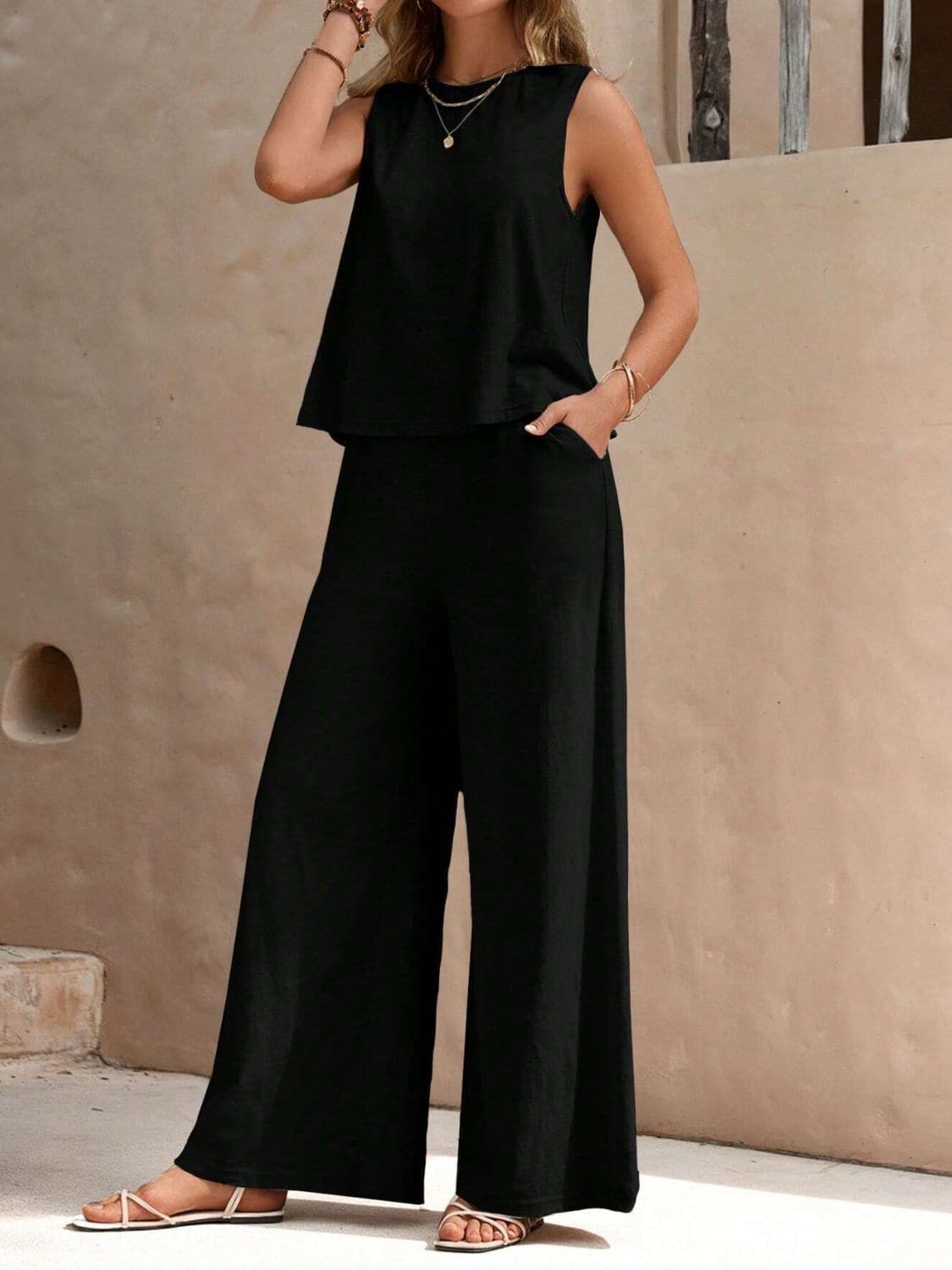 Round Neck Sleeveless Top and Wide Leg Pants Set.