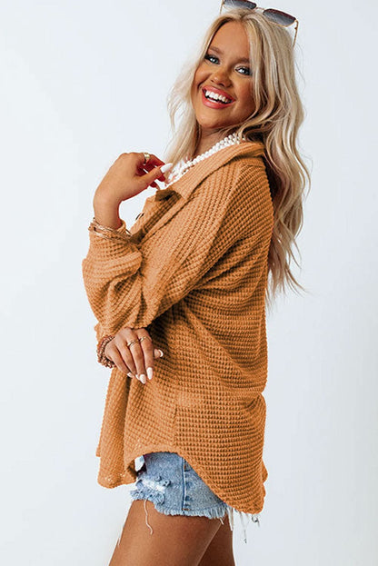 Collared Long Sleeve Waffle-Knit Shirt with Pocket