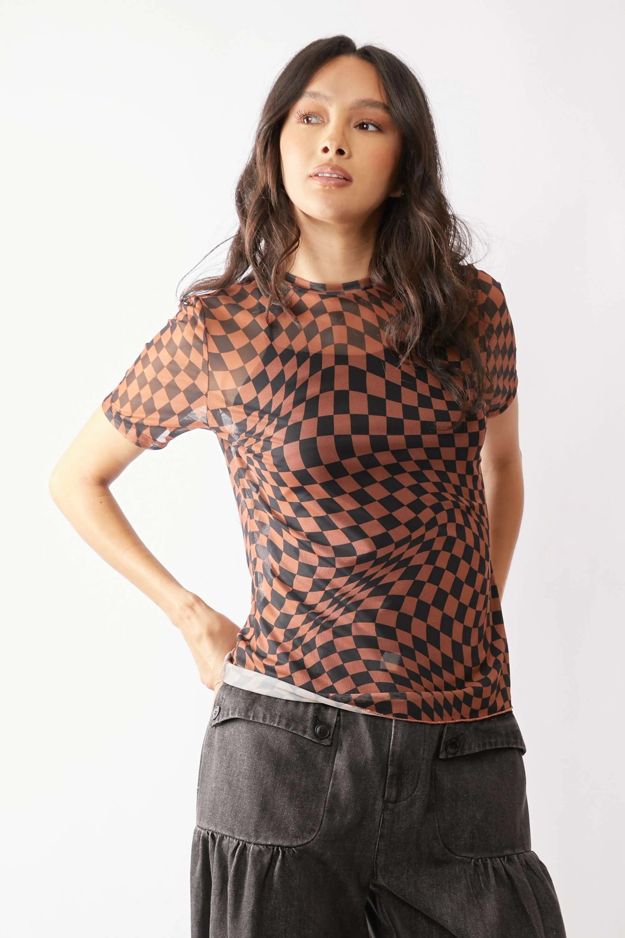 Davi & Dani Checker Board Printed Mesh Short Sleeve Top - Love Salve 