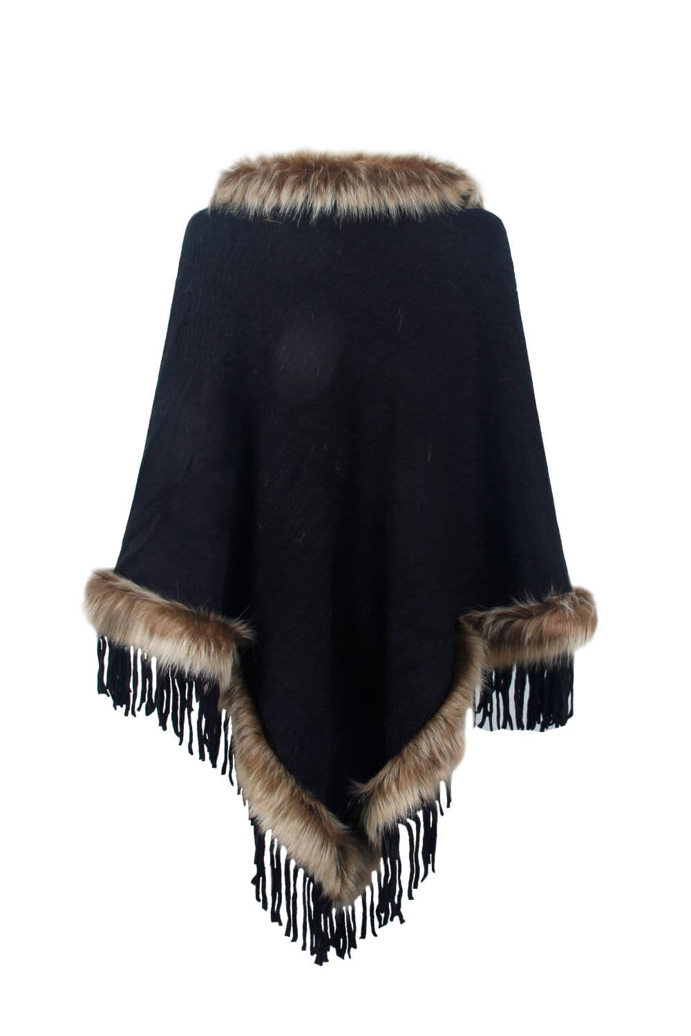 Faux Fur Trim Fringed Poncho.