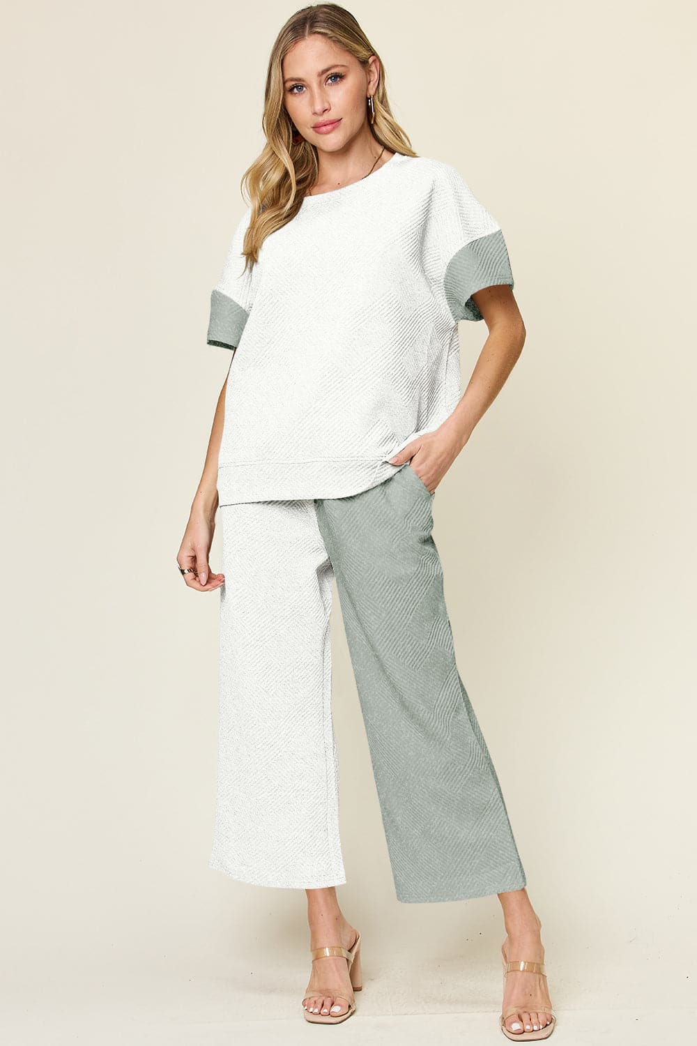 Double Take Full Size Texture Contrast T-Shirt and Wide Leg Pants Set.