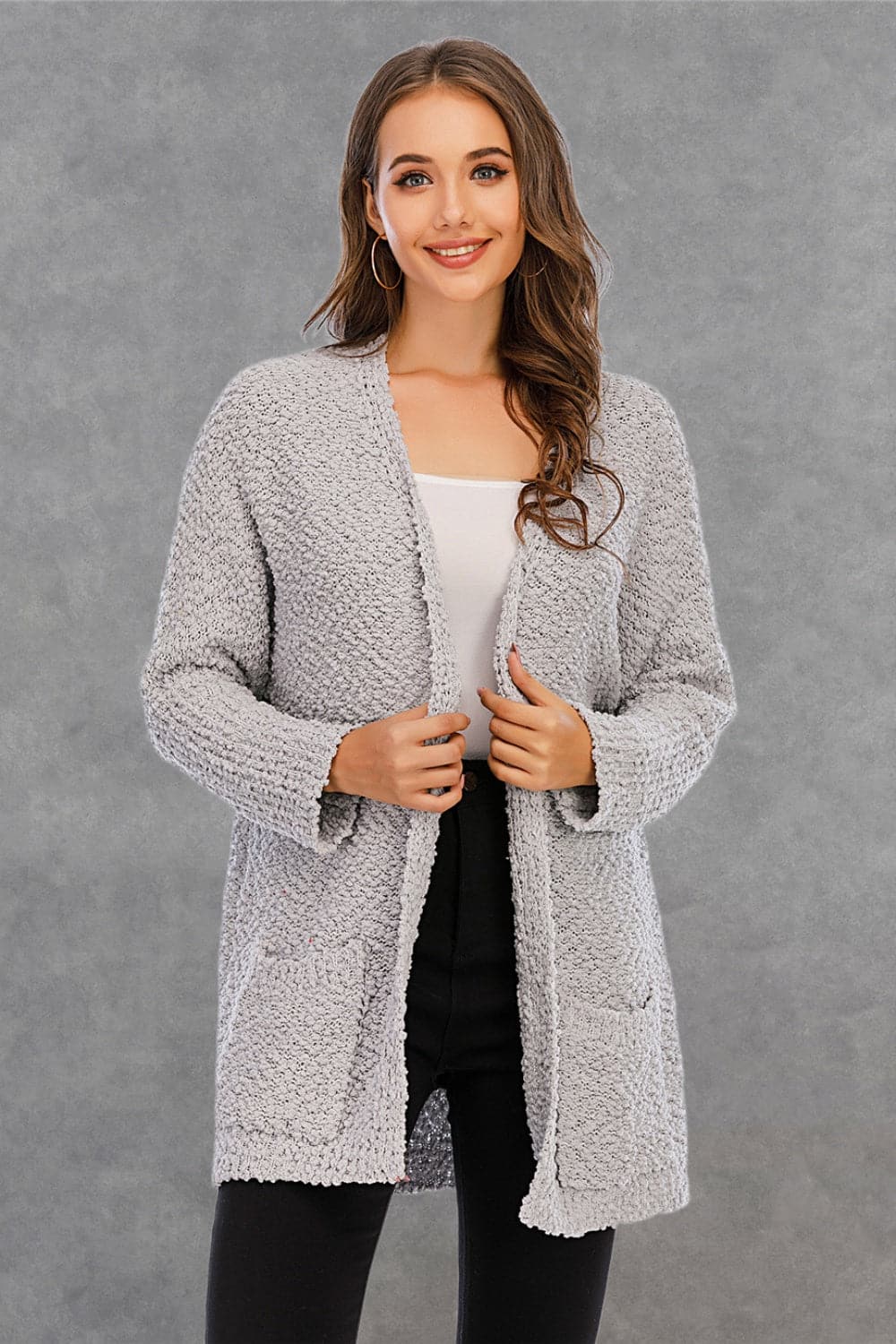 Pocketed Open Front Long Sleeve Cardigan.