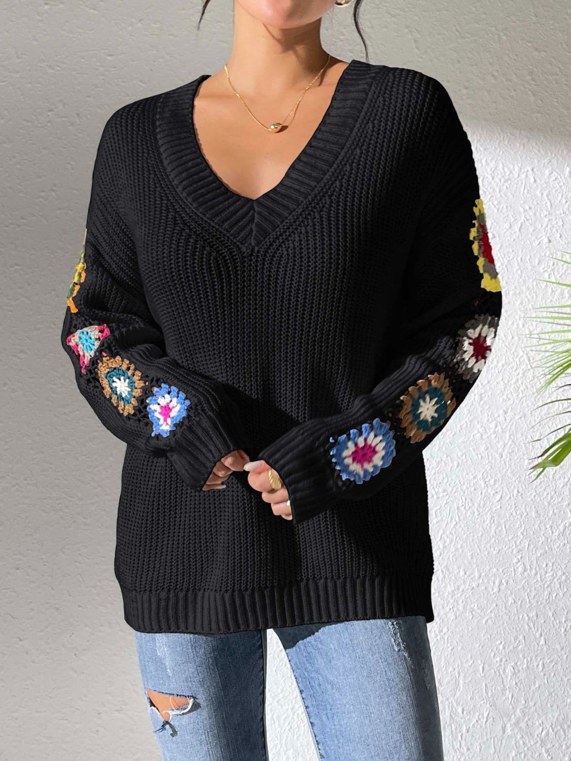 Floral crochet V-neck pullover sweater