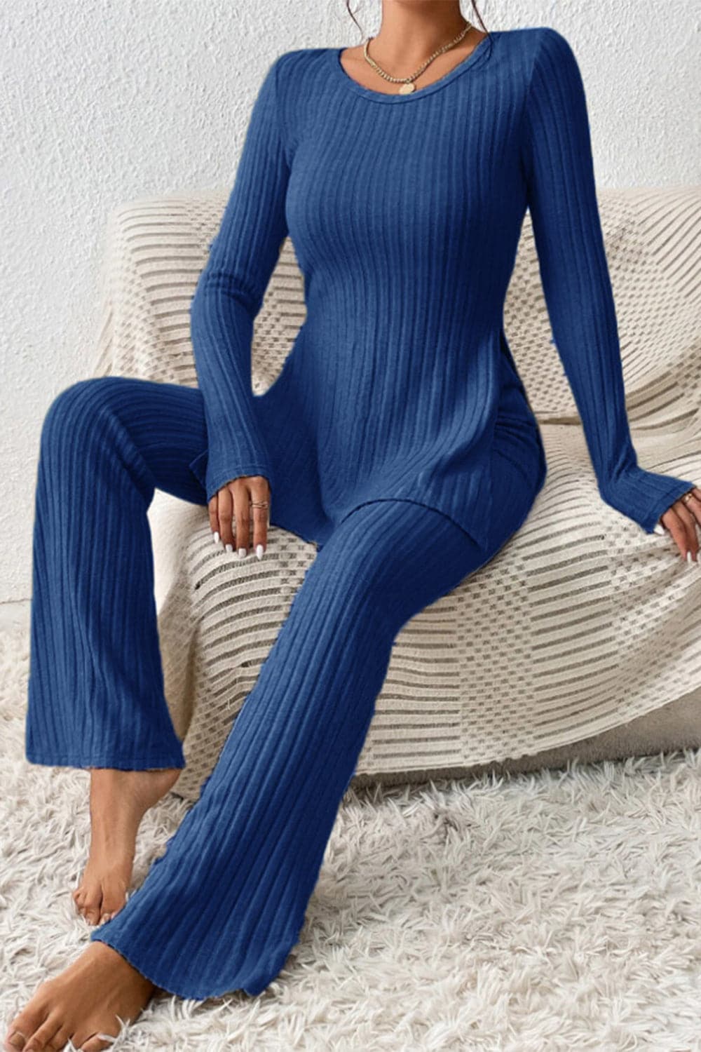 Ribbed Long Sleeve Slit Top and Bootcut Pants Set.