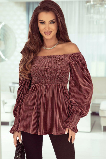 Smocked Ribbed Velvet Babydoll Top.