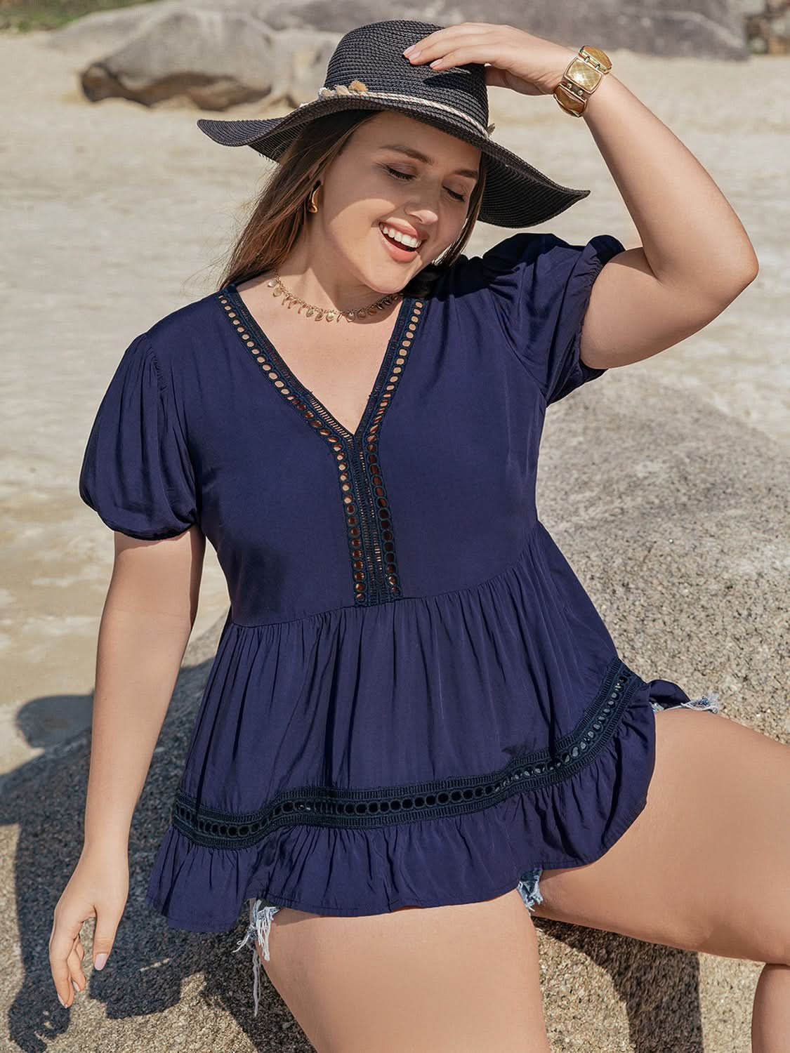 Plus Size V-Neck Peplum Blouse with Short Sleeves