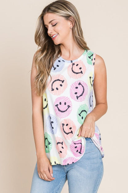 BOMBOM Smiley Face Round Neck Tank.