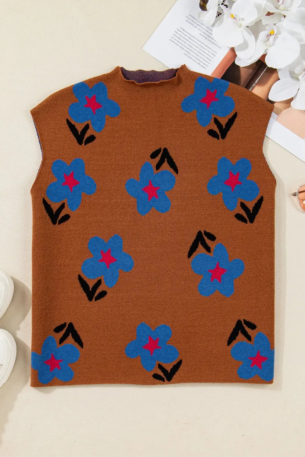 Chestnut Floral High Neck Knit Sweater Vest For Women Dear-Lover Dropshipping