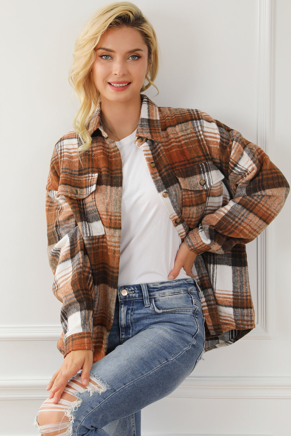 Chic brown plaid shacket with flap pockets