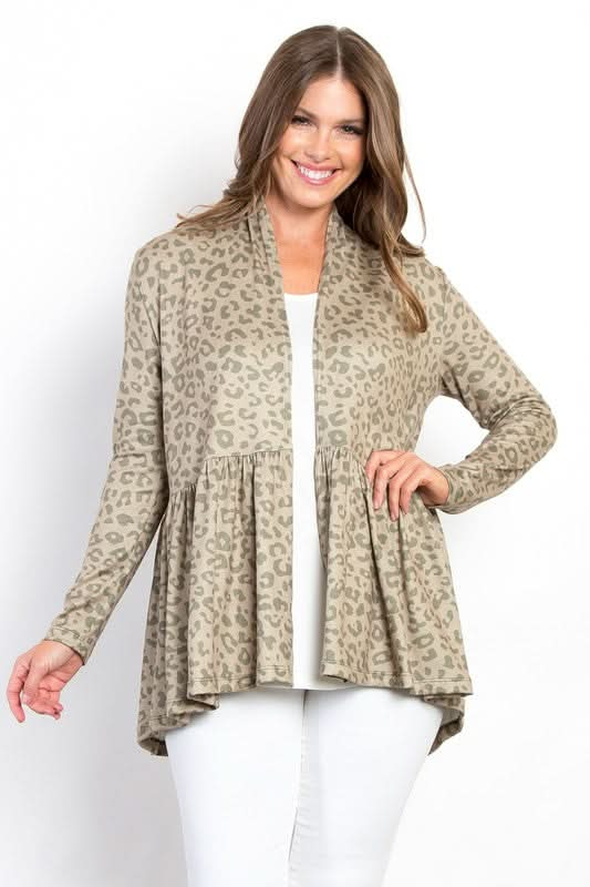 Stage Full Size Peplum Leopard Open Front Long Sleeve Cardigan with bold leopard print.