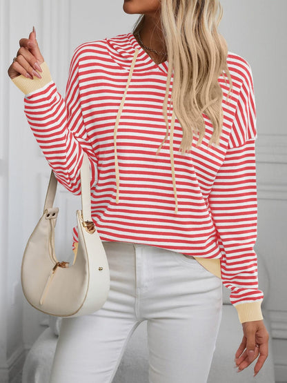 Striped Long Sleeve Hooded Knit Top.