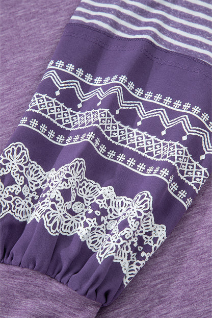 Tillandsia Purple Contrast Print Striped Raglan Long Sleeve