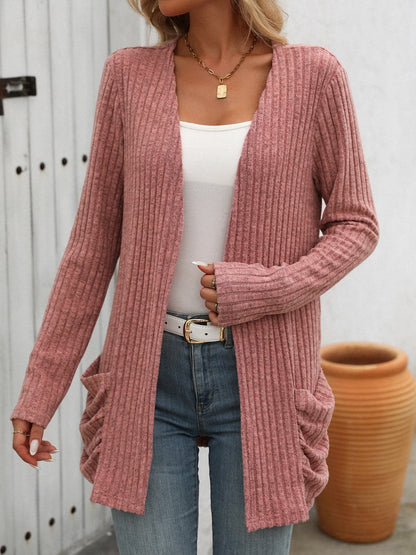 Open Front Long Sleeve Ribbed Cardigan.