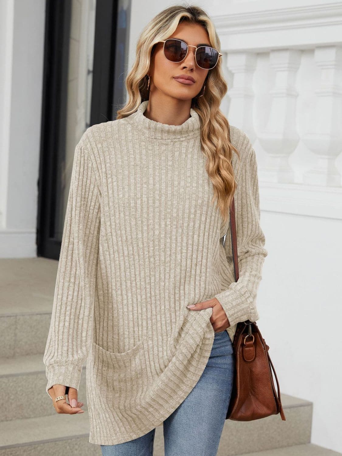 Ribbed Mock Neck Long Sleeve T-Shirt.