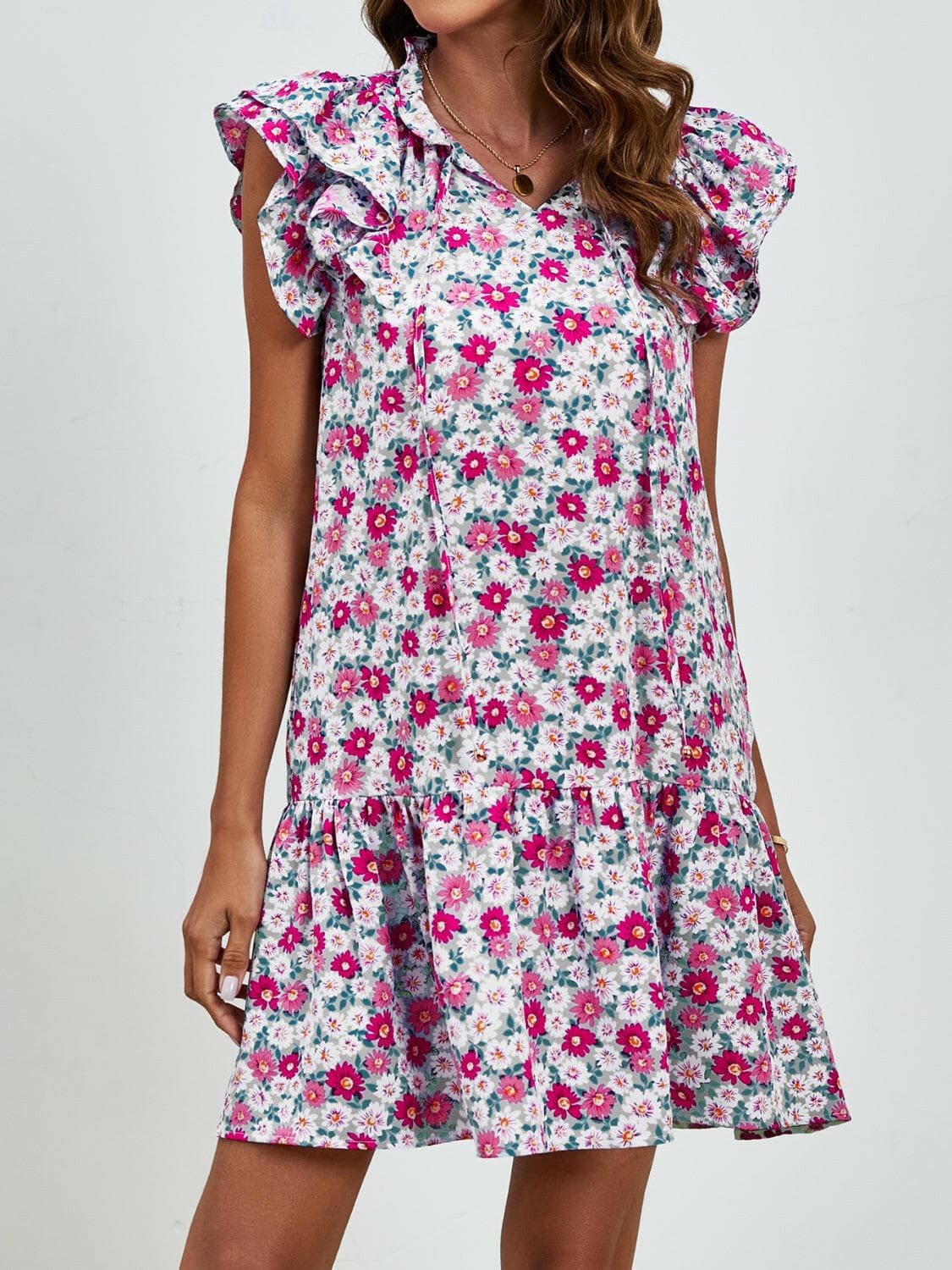 Tied Floral Cap Sleeve Mini Dress.