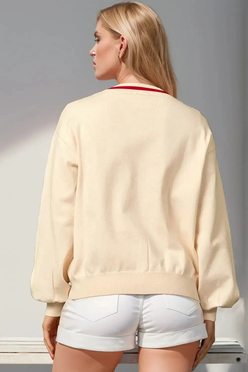 Double Take Full Size Nutcracker Sequin Bow Decor Cardigan - Love Salve