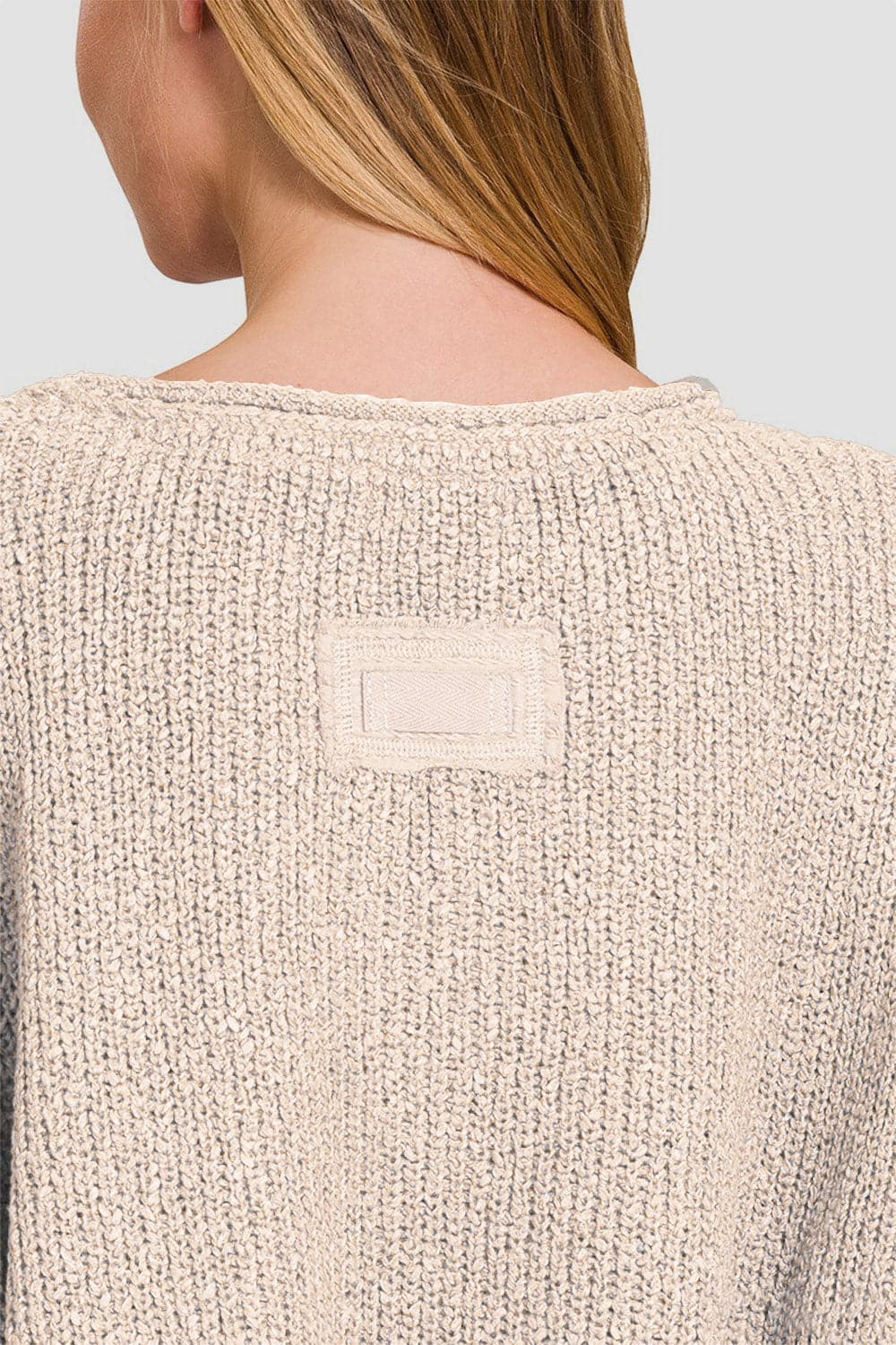 Zenana Notched Side Slit Patch Sweater.